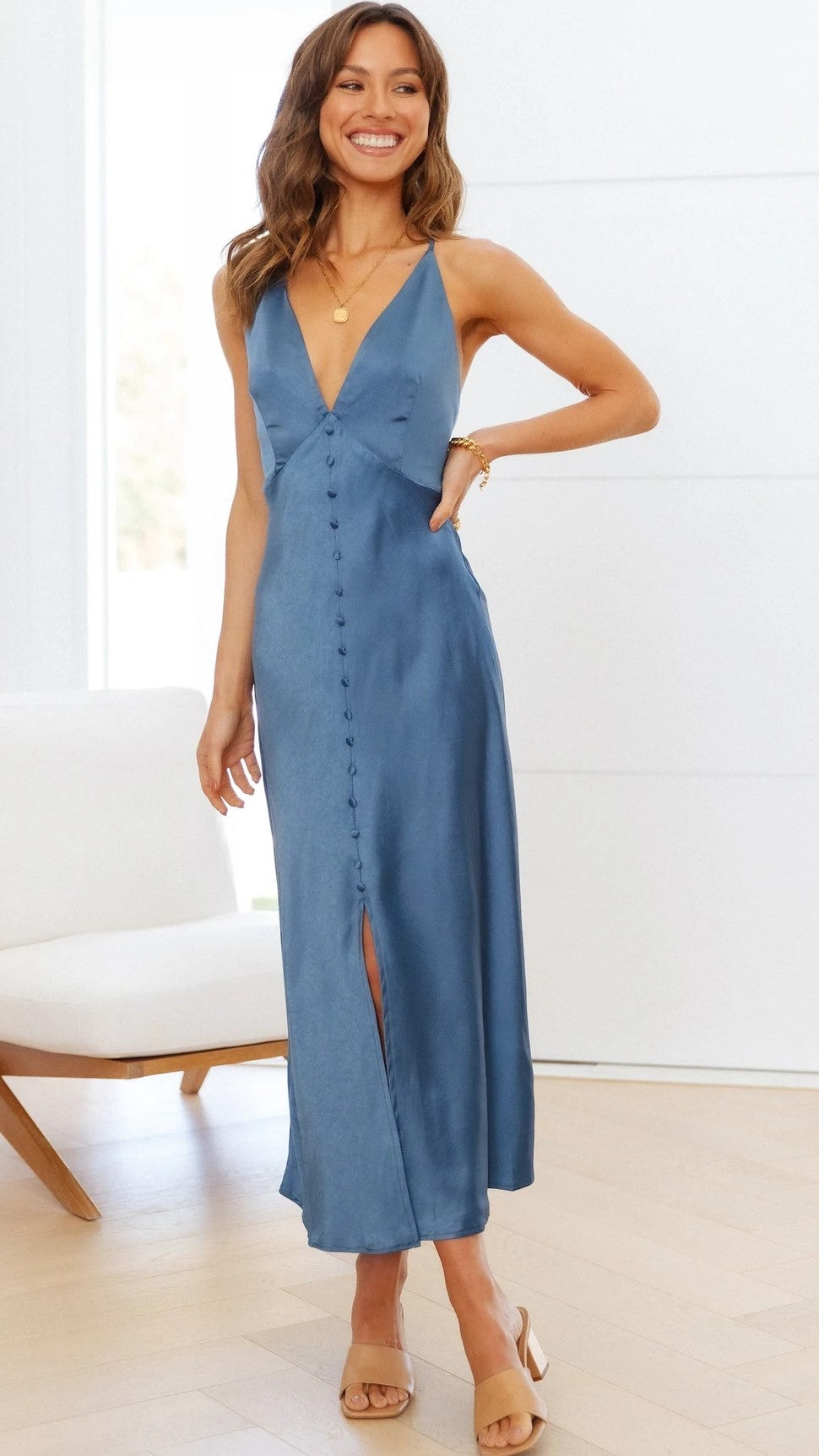 Blue Buttonend V Neckline Midi Dress