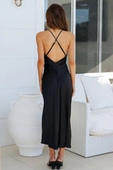 Black Buttonend V Neckline Midi Dress