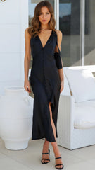Black Buttonend V Neckline Midi Dress