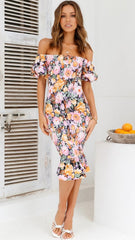 Black Floral Bodycon Smocked Midi Dress