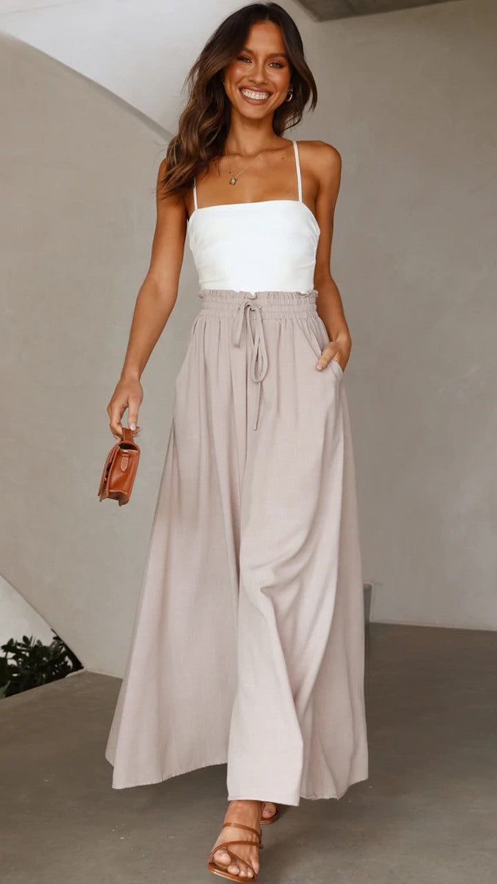 Beige Wide-Leg Casual Pants