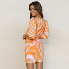 Orange Gingham Print Mini Dress