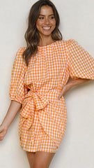 Orange Gingham Print Mini Dress