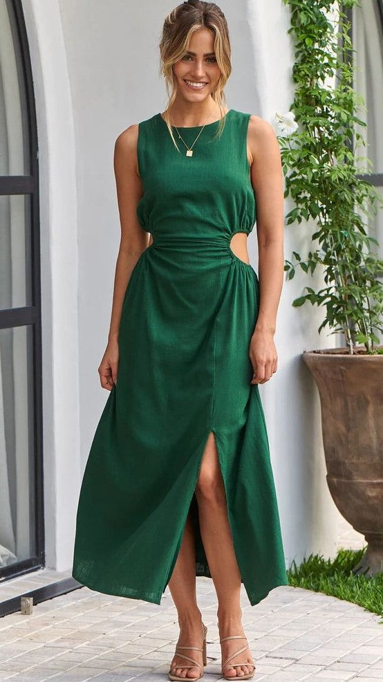 Olivgrünes Midikleid mit Cut-Out-Taille