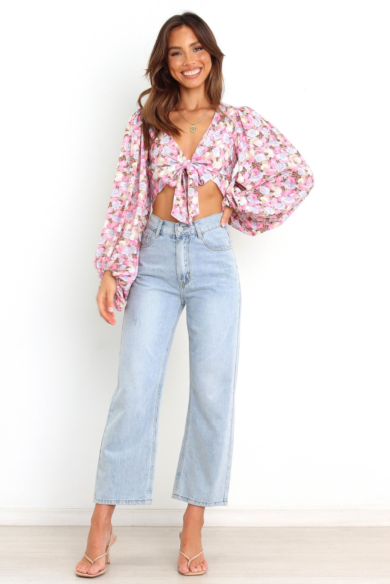 Pink Floral Front Tie Crop Top