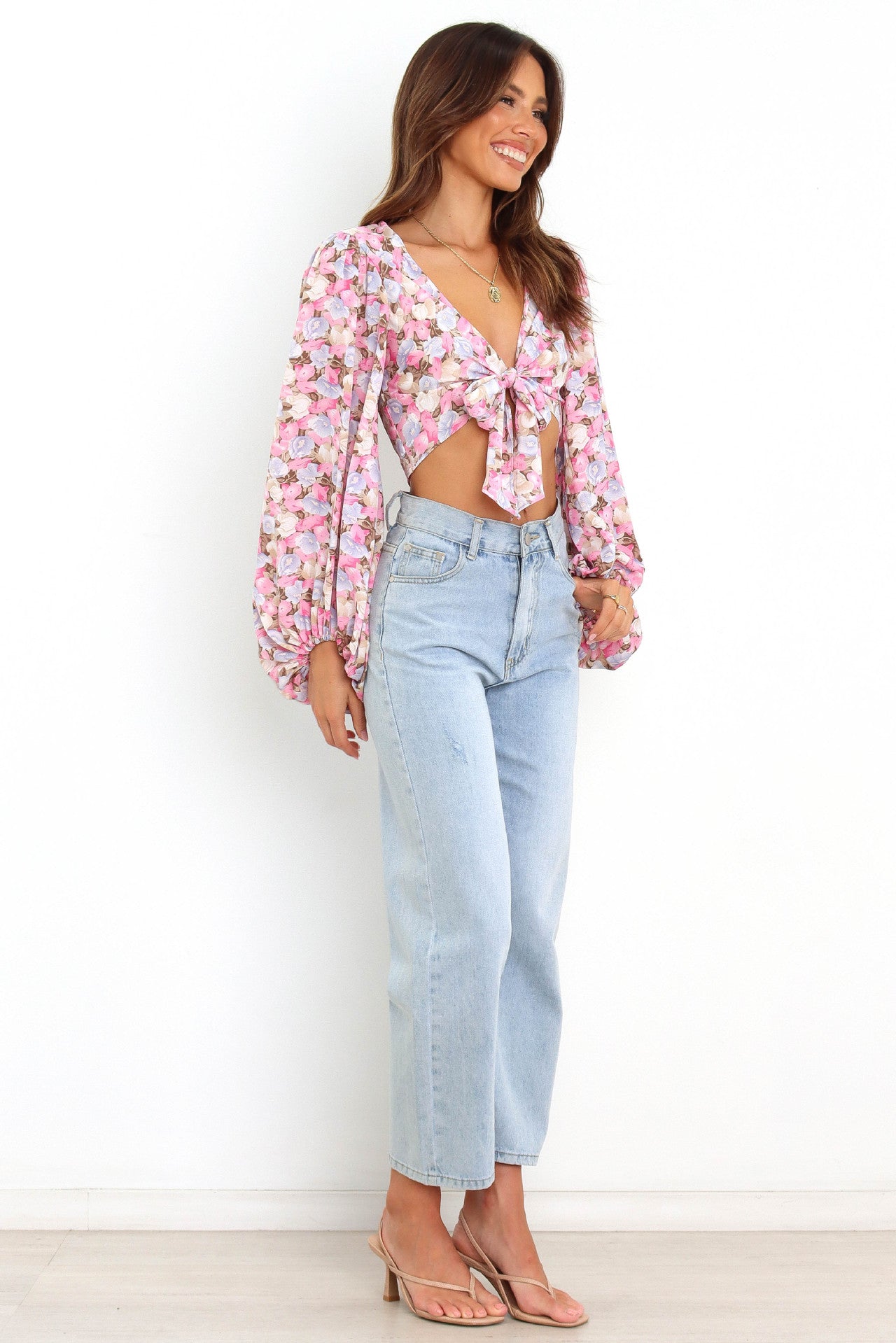 Pink Floral Front Tie Crop Top