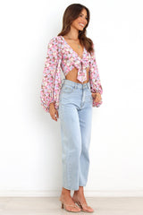 Pink Floral Front Tie Crop Top