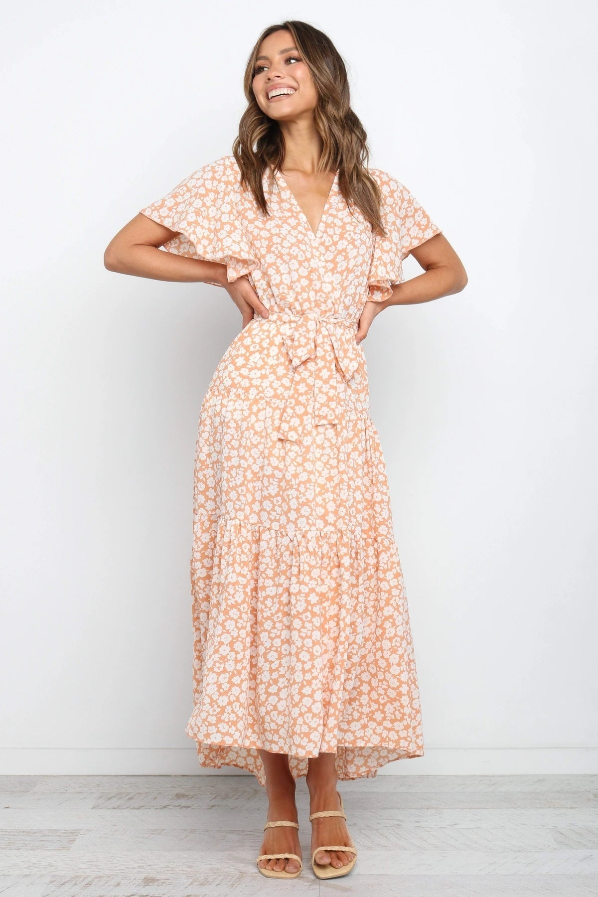 Coral Pink Floral Knot Wrap Dress