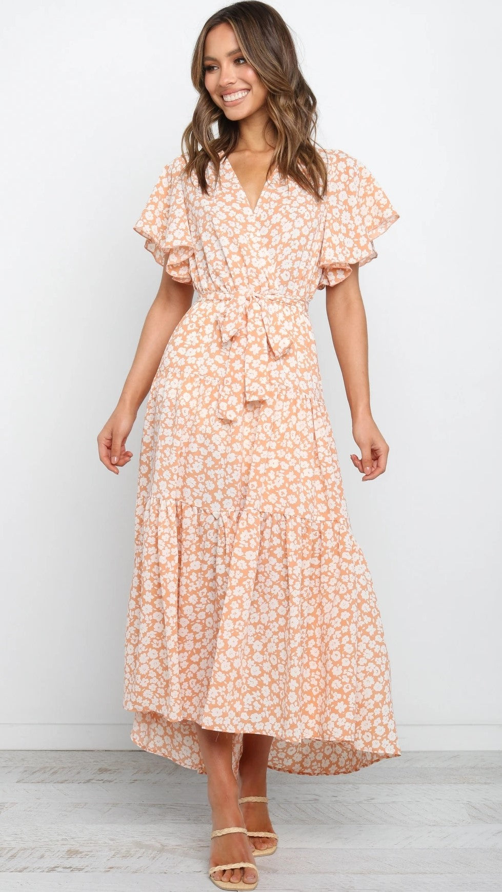 Coral Pink Floral Knot Wrap Dress