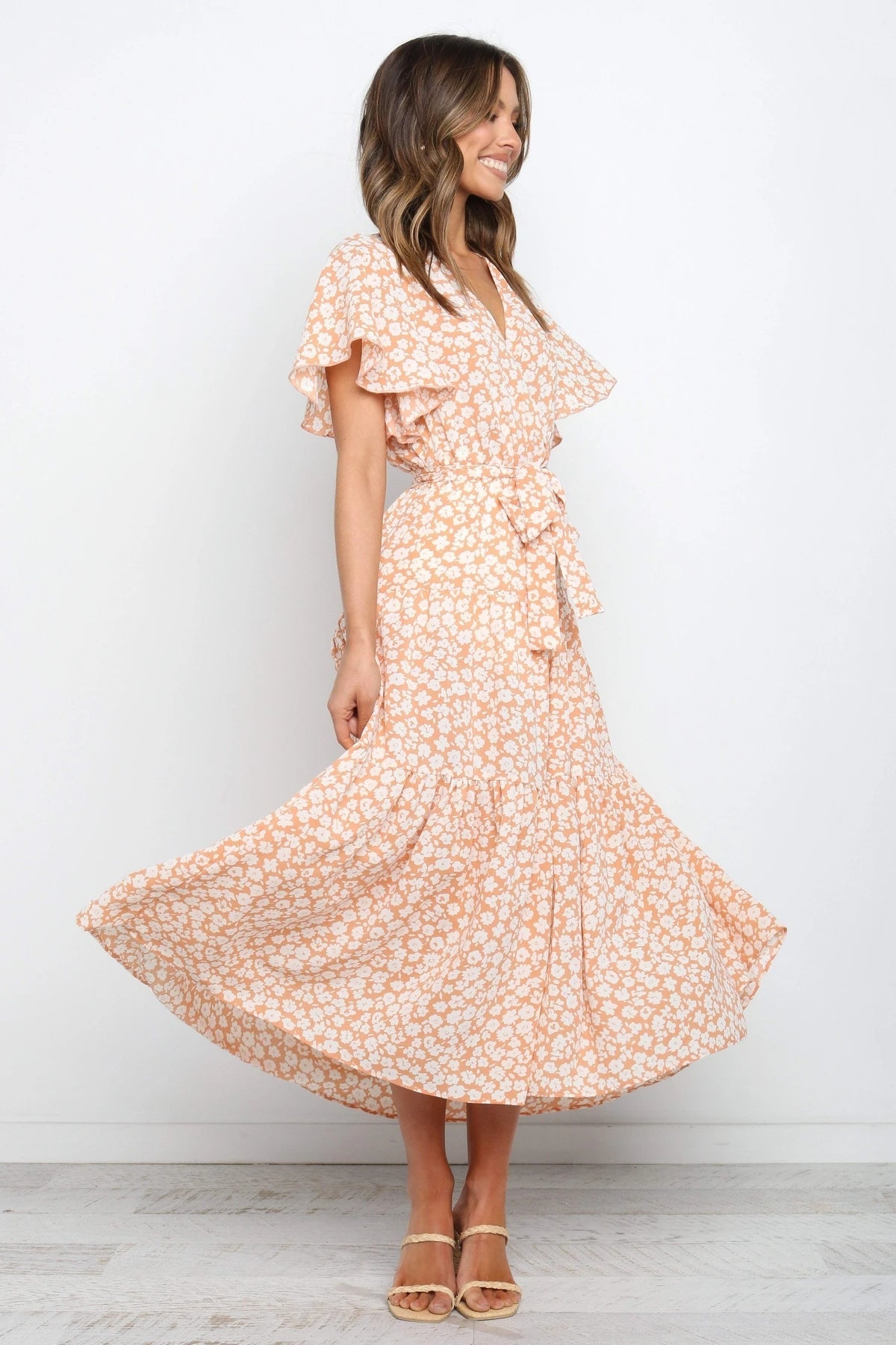 Coral Pink Floral Knot Wrap Dress
