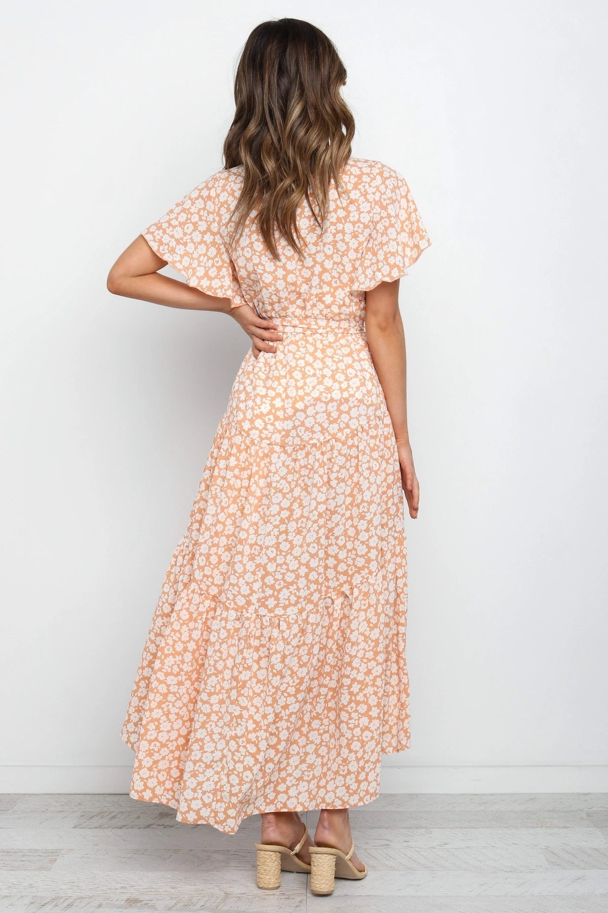 Coral Pink Floral Knot Wrap Dress