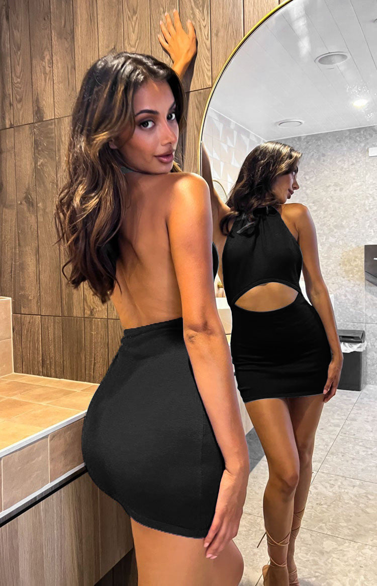 Black Cutout Backless Halter Dress