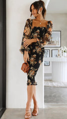 Black Floral Smocked Bodycon Dress