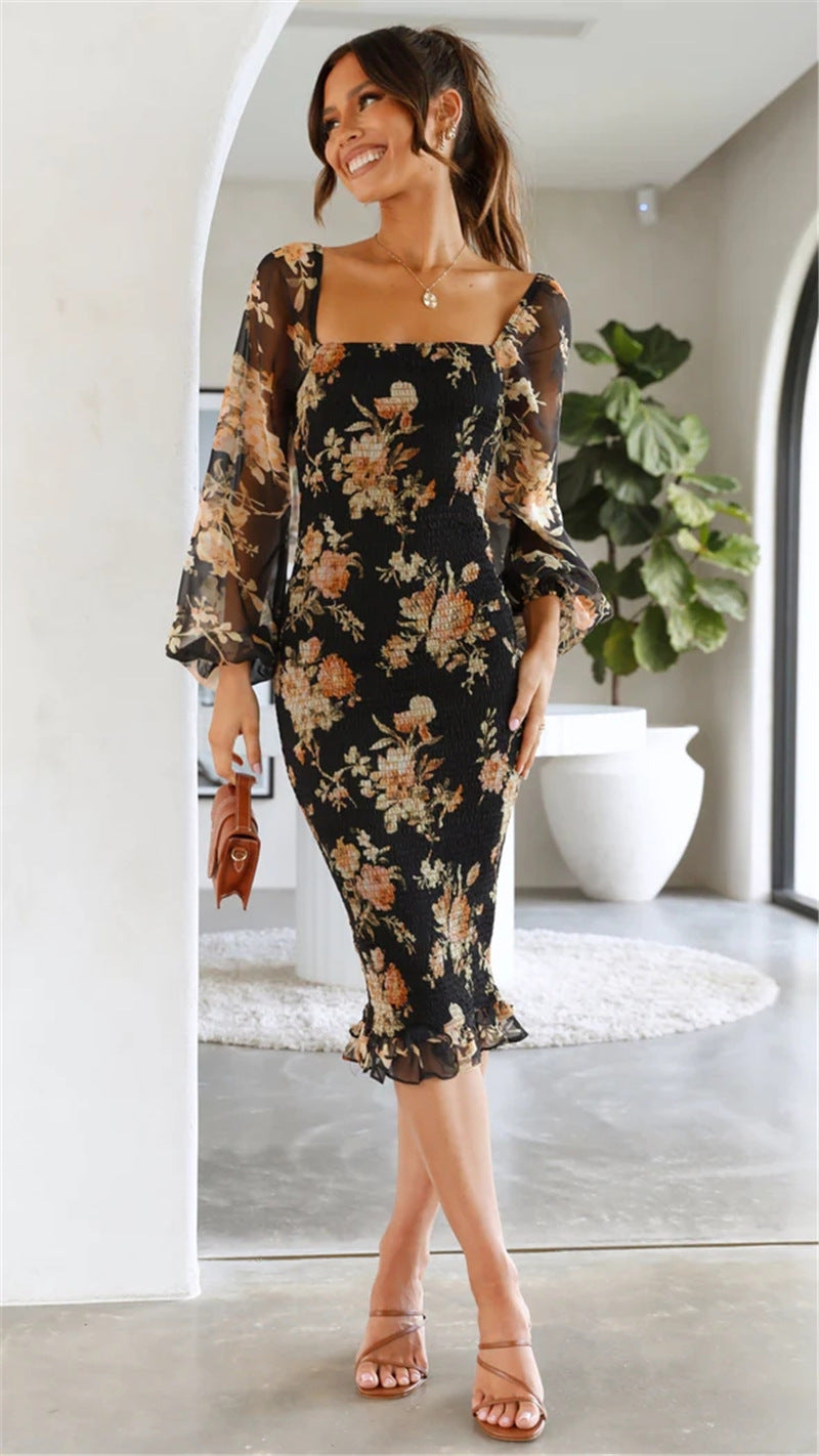 Black Floral Smocked Bodycon Dress