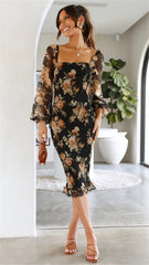 Black Floral Smocked Bodycon Dress
