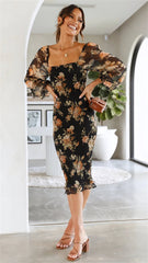 Black Floral Smocked Bodycon Dress