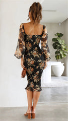 Black Floral Smocked Bodycon Dress