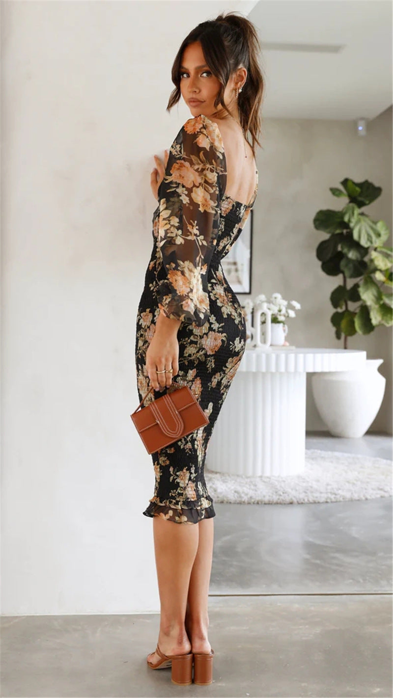 Black Floral Smocked Bodycon Dress