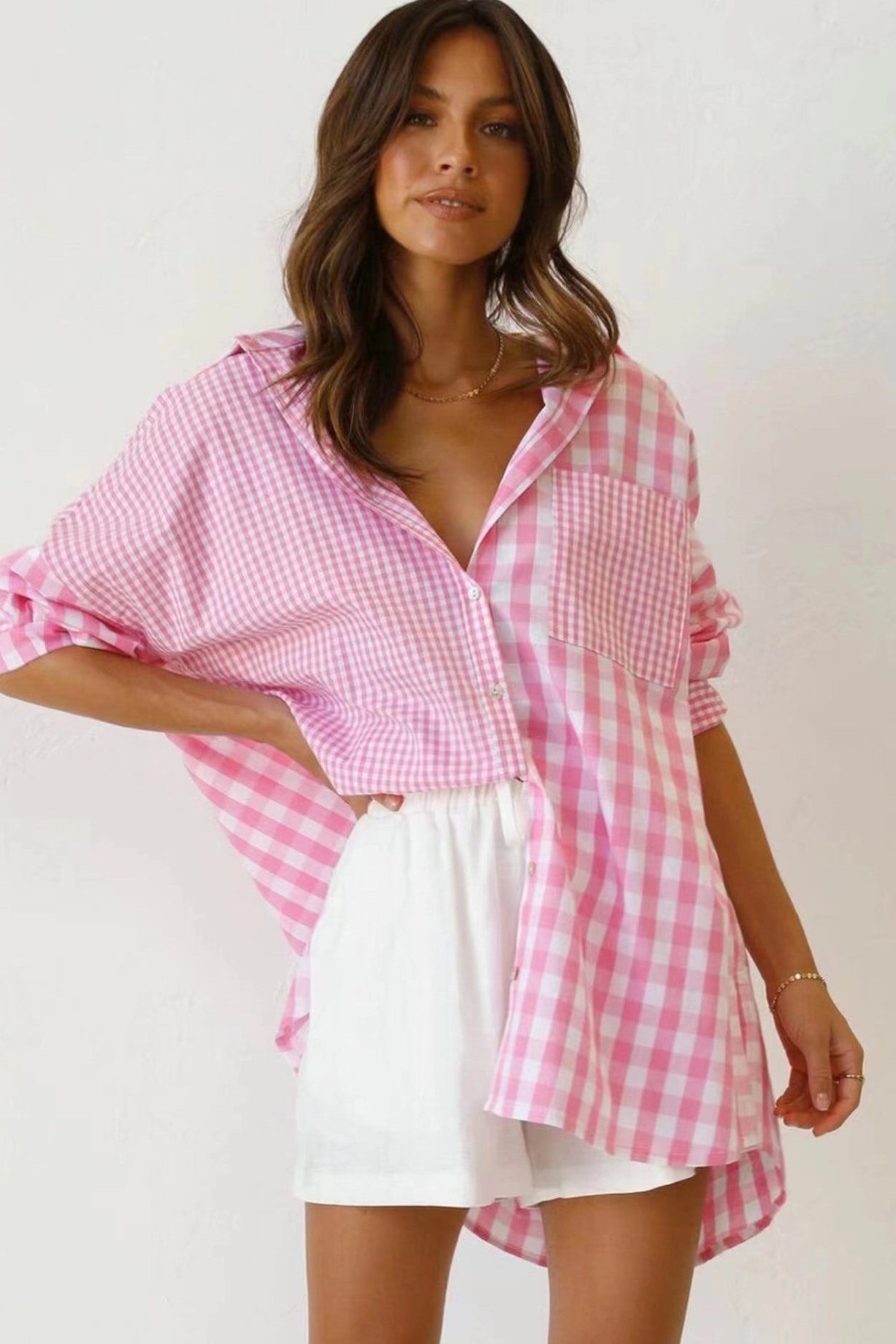 Rosa Button-Down-Hemd mit Gingham-Print