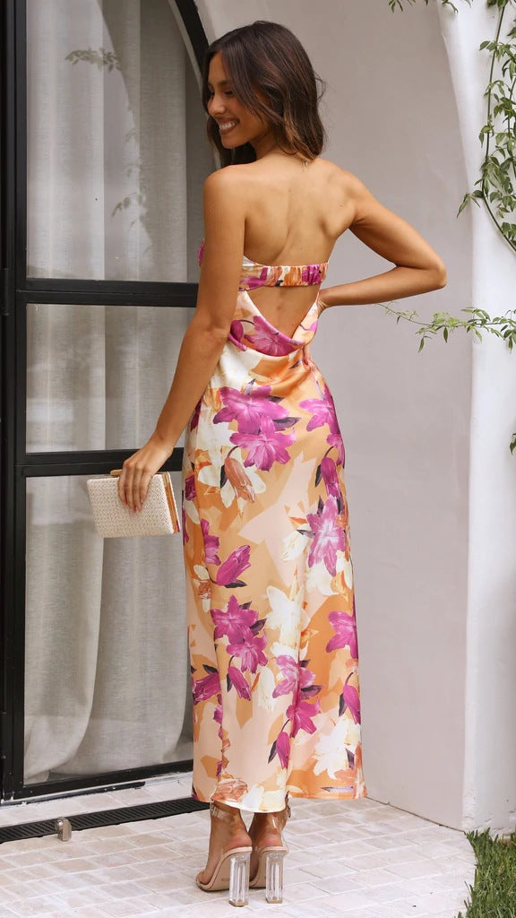 Hot Pink Floral Bandeau Midi Dress