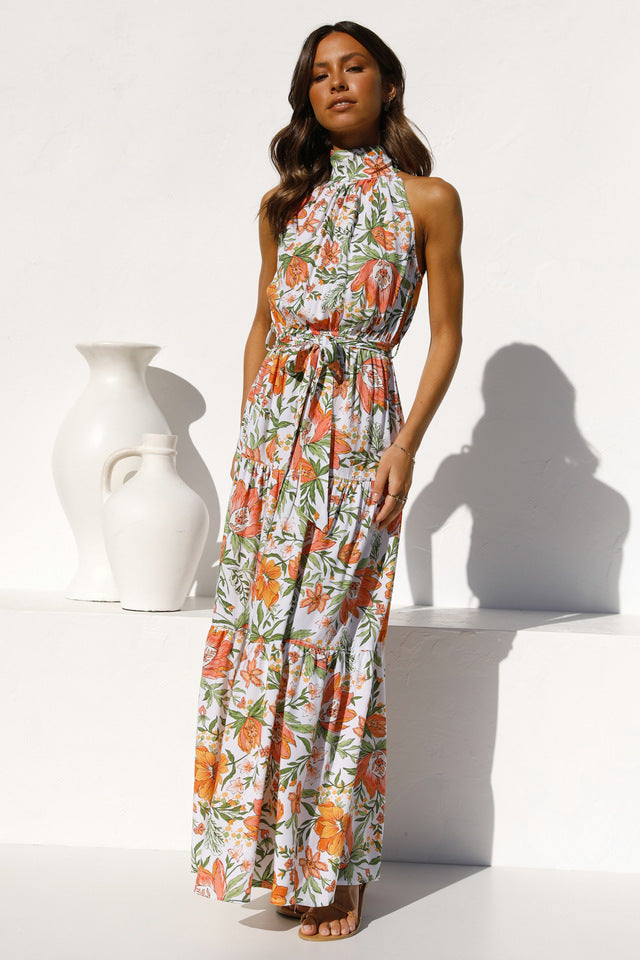 Floral Foliage Print Sleeveless Midi Dress