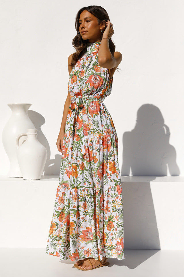Floral Foliage Print Sleeveless Midi Dress