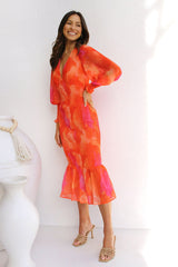 Orange Smocked Fishtail Midi Dress