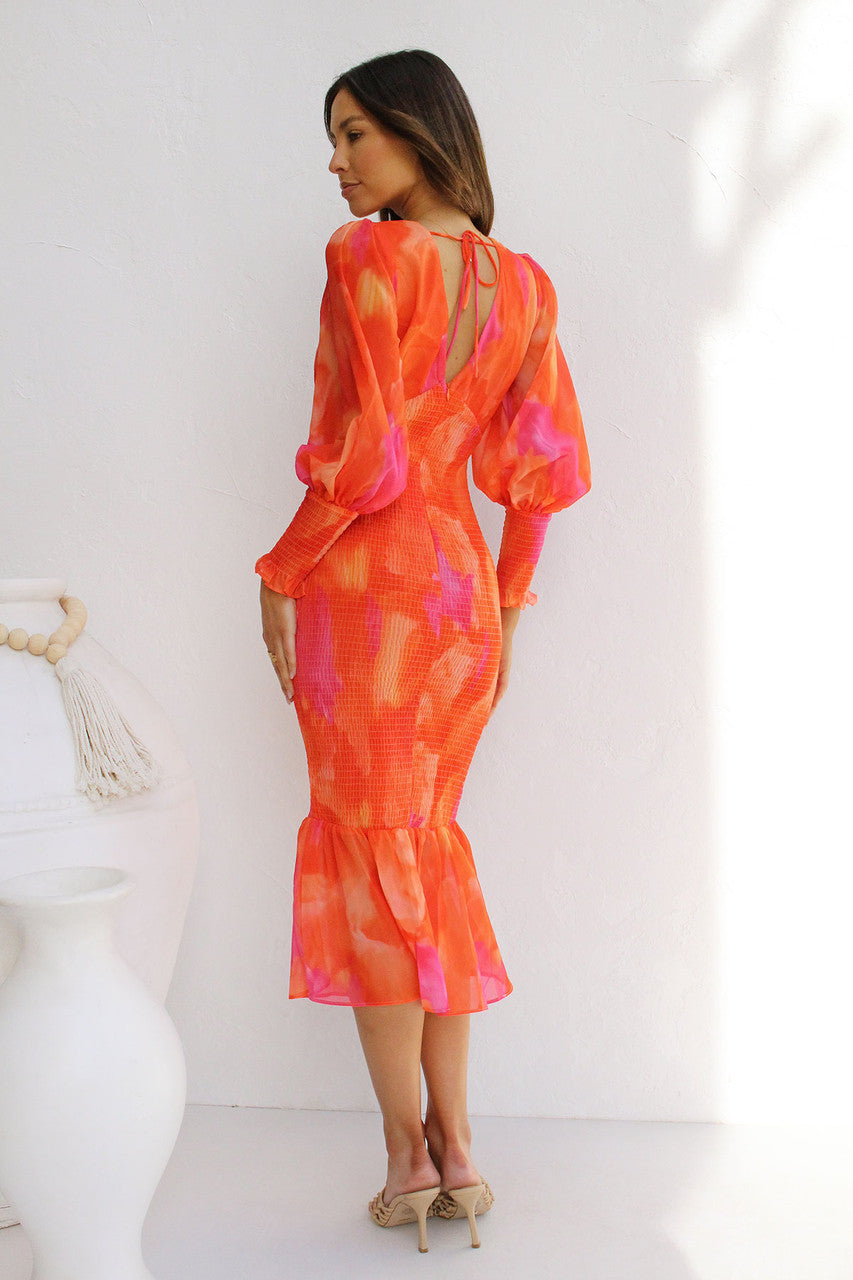 Orange Smocked Fishtail Midi Dress