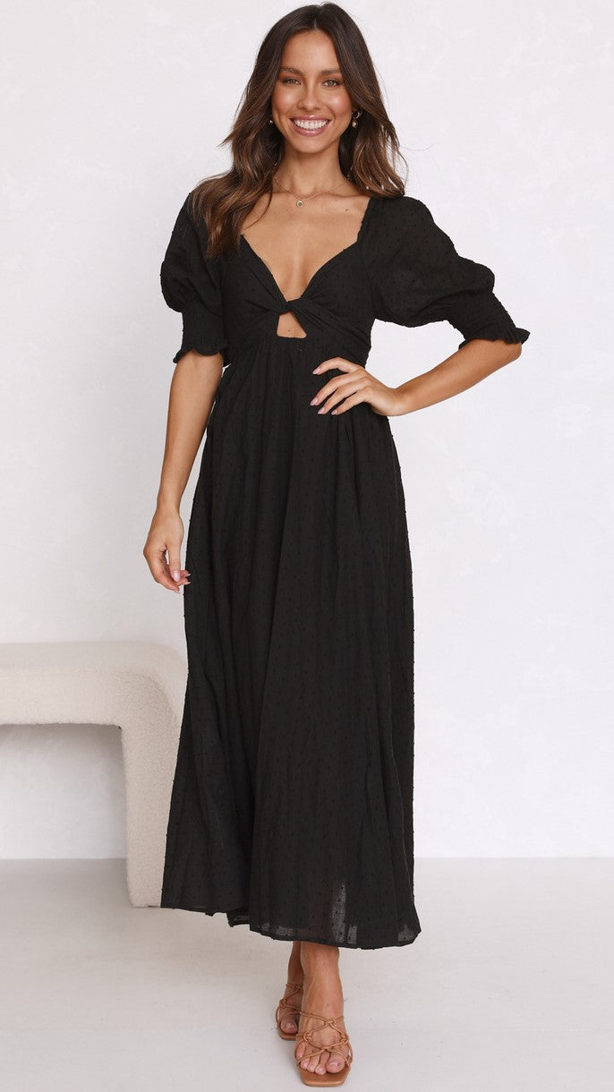 Black Solid Front Twist Midi Dress