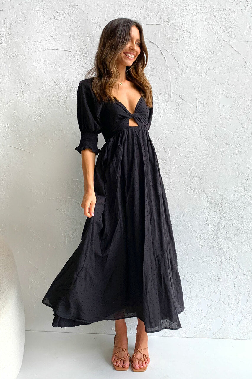 Black Solid Front Twist Midi Dress