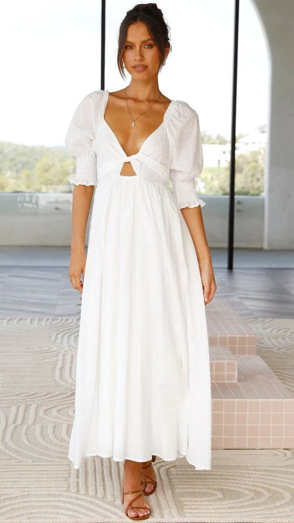 White Solid Front Twist Midi Dress