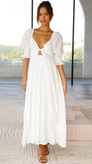 White Solid Front Twist Midi Dress