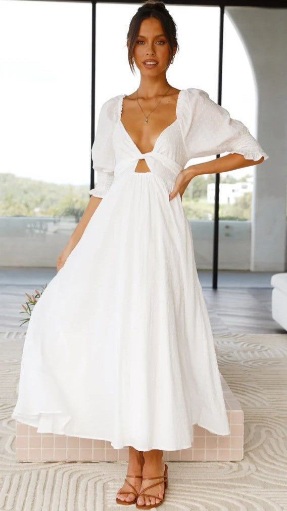 White Solid Front Twist Midi Dress