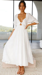 White Solid Front Twist Midi Dress
