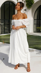 White Smocked Off Shoulder Midi Dress