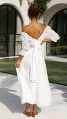 White Smocked Off Shoulder Midi Dress