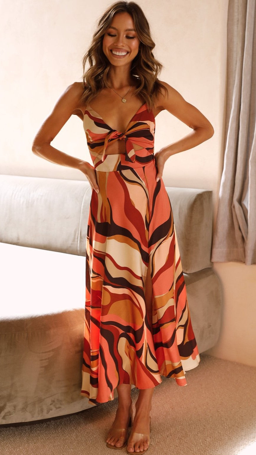 Coffee Colorblocked Bowknot Slip Midi Dress