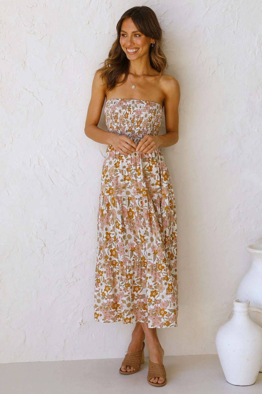 Brown Floral Bandeau Midi Dress