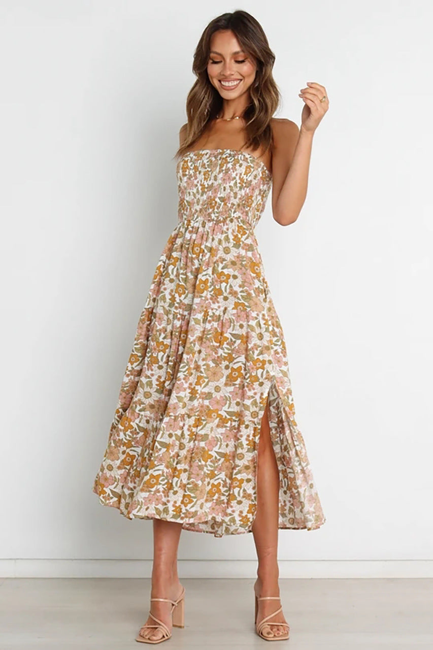 Brown Floral Bandeau Midi Dress