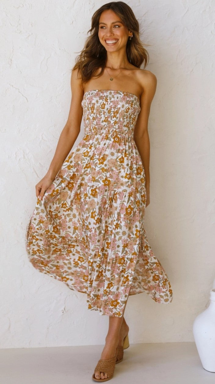 Brown Floral Bandeau Midi Dress