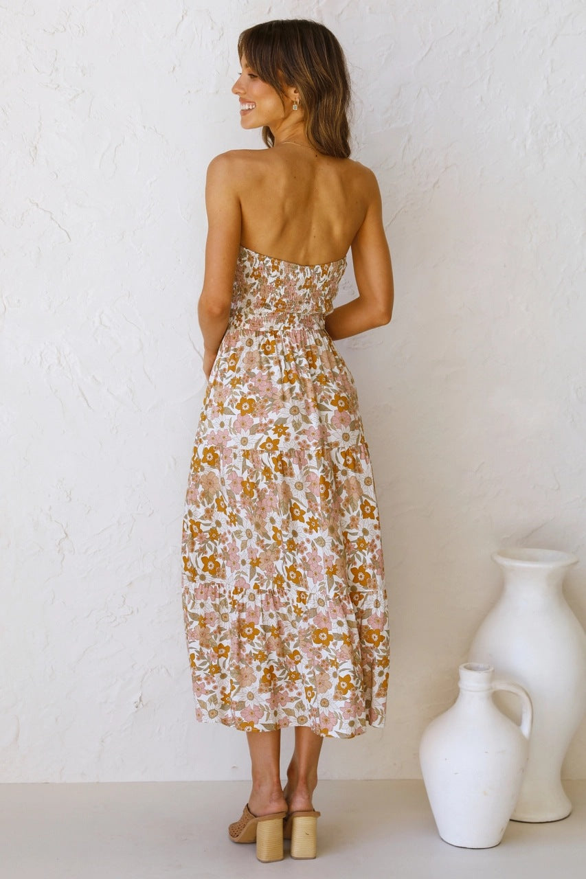 Brown Floral Bandeau Midi Dress