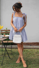 Blue Striped Shoudler Tie Mini Dress