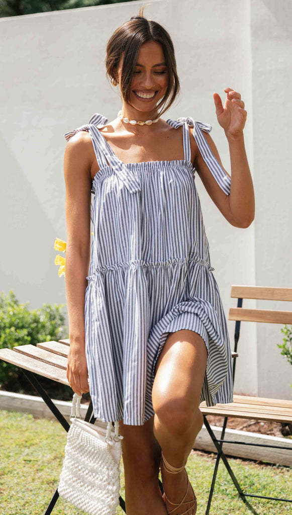 Blue Striped Shoudler Tie Mini Dress