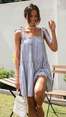 Blue Striped Shoudler Tie Mini Dress