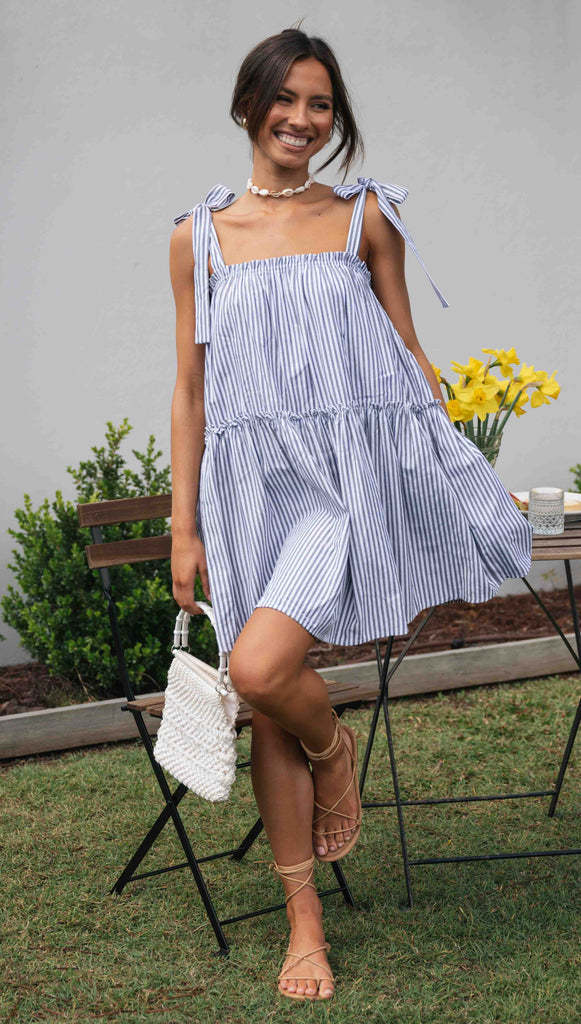 Blue Striped Shoudler Tie Mini Dress