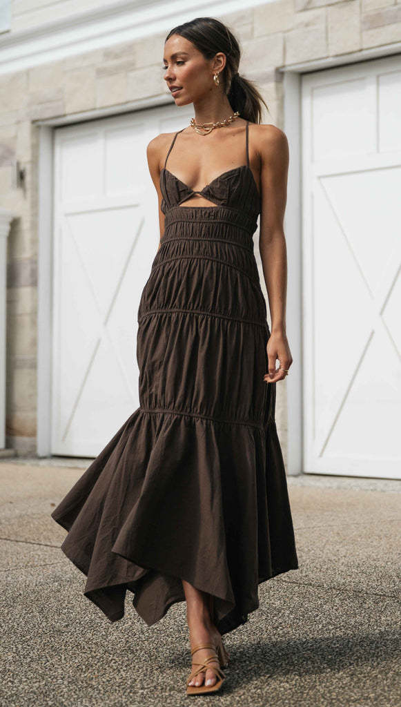 Chocolate Pleated Slip Midi Dress