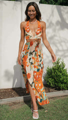 Orange Floral Halter Midi Dress