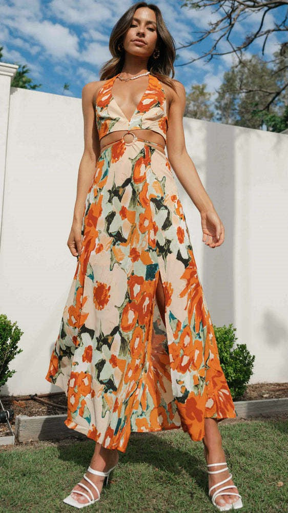 Orange Floral Halter Midi Dress