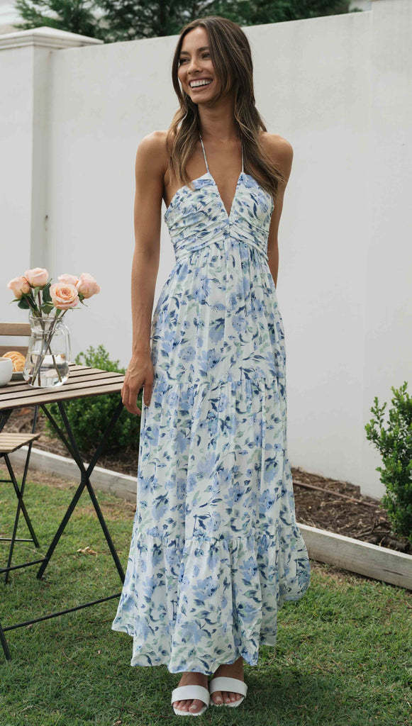 Blue Floral Halter Neck Midi Dress
