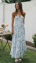 Blue Floral Halter Neck Midi Dress